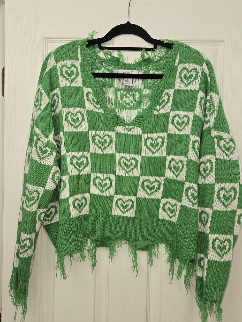 Just Polly Green & White Checkerboard Heart Distressed Frayed V-Neck Sweater L
